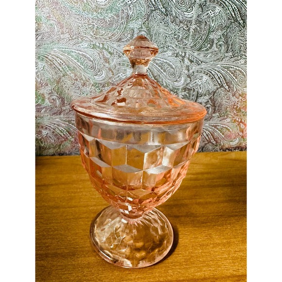 Vintage Jeannette candy dish with lid in cube pink - Picture 2 of 10